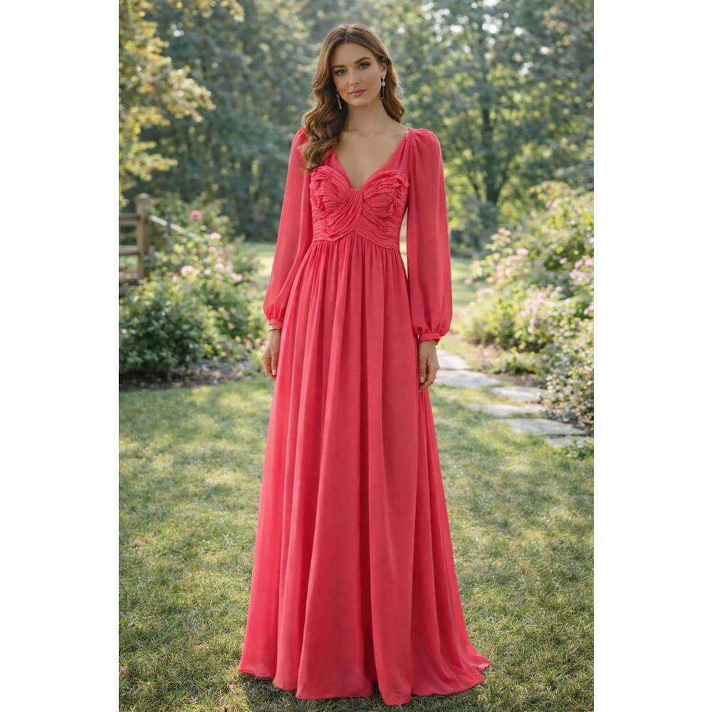 Badgley Mischka Rose Red Long Sleeve Evening Gown with Shirred Bodice